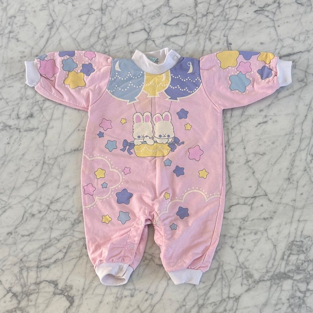 Vintage Bubble Romper Sz 6/9 Mo Pink Bunny Balloon Kids One Piece Easter - Picture 1 of 7